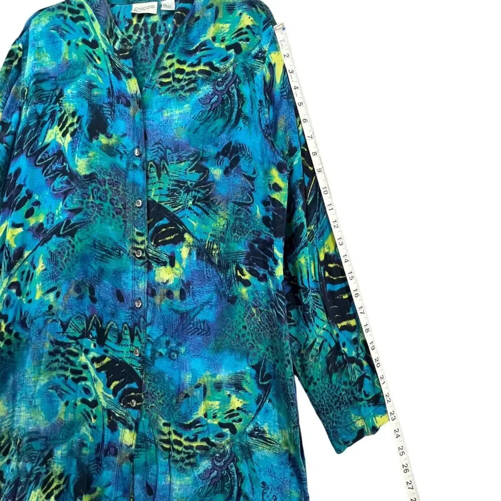 Chico's long jacket sz 2 sz 12 floral print green blue black sheer EUC - Picture 8 of 14